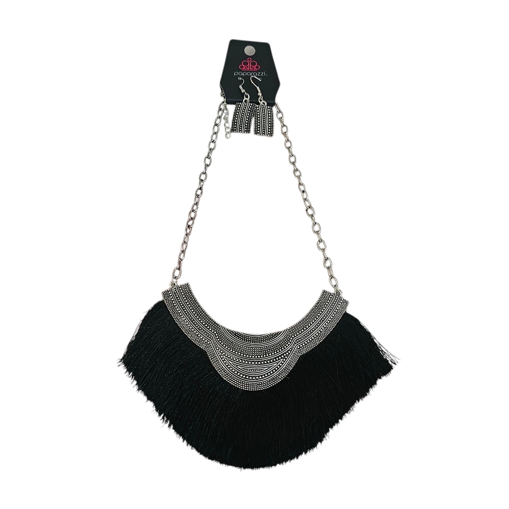 Paparazzi Silver and Black Fringe Necklace And Earring Set, NWT